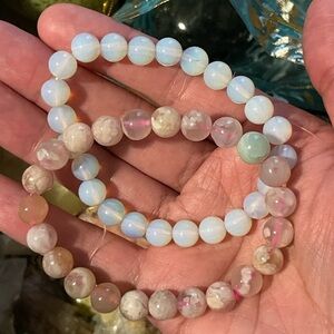 Flower Agate and Opalite Round Bead Bracelet Bundle Set